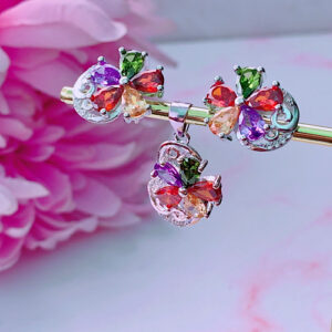 CONJUNTO PLATA - FLOR MULTICOLOR ELEGANTE