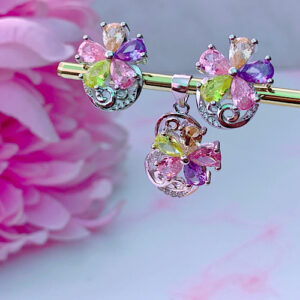 CONJUNTO PLATA - FLOR MULTICOLOR BRILLANTE