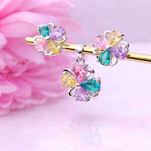 CONJUNTO PLATA - FLOR MULTICOLOR ZIRCONES