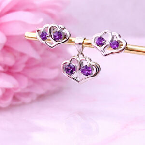 CONJUNTO PLATA - CORAZÓN DOBLE AMATISTA